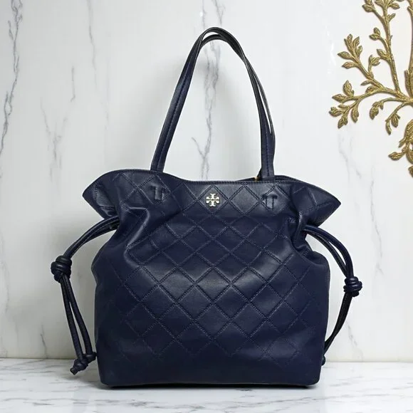 Tory Burch Georgia Quilted Leather Tote Navy Blue Slouchy Golden Hardware - Picture 17 of 17